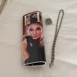 Elegant Black and White Magazine Clutch with Chains